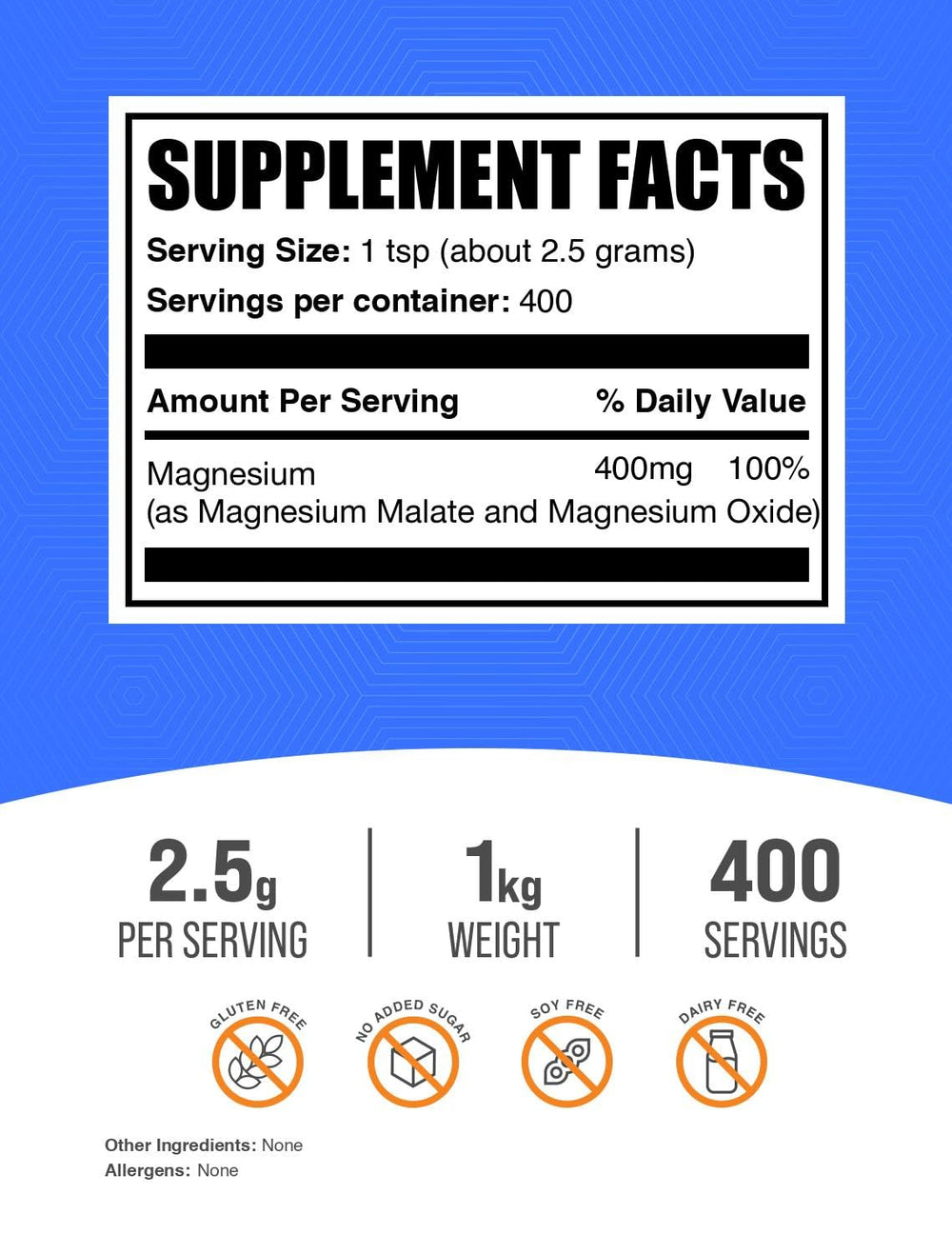 Magnesium Malate powder label showing 300 mg per serving