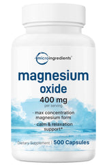 Front view of Magnesium Oxide 400mg 500 capsules bottle