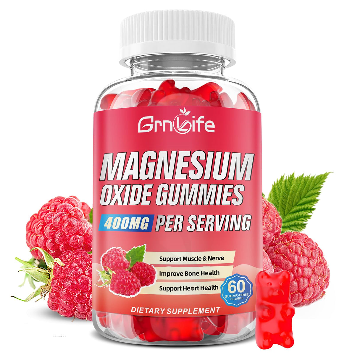 Magnesium Oxide Gummies bottle label 400mg Raspberry Flavor