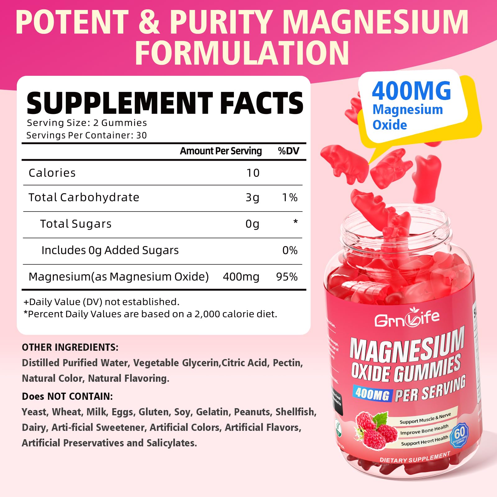 Bottles of magnesium oxide gummies 400mg raspberry flavor