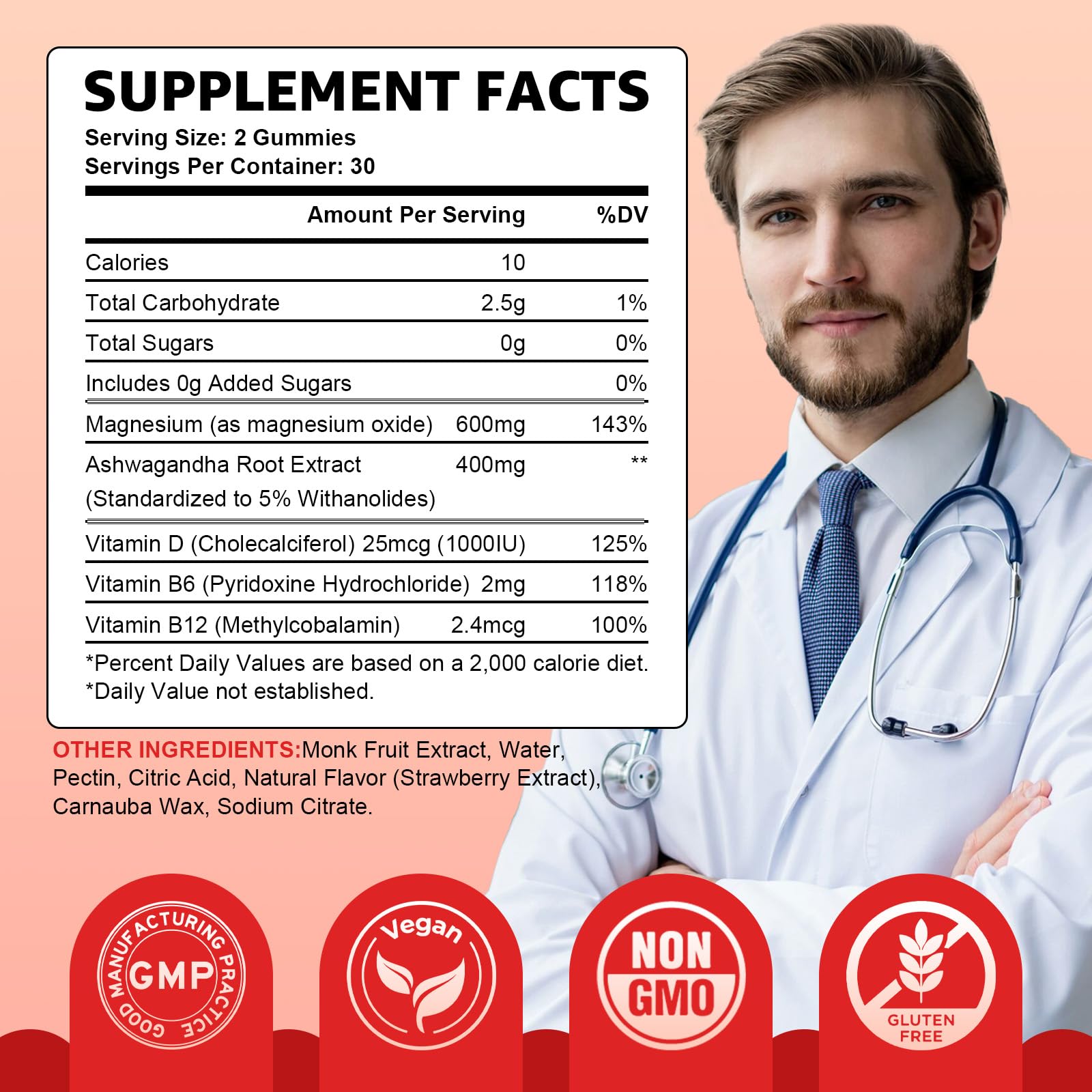 Close-up of product label highlighting vegan, sugar-free, non-GMO attributes