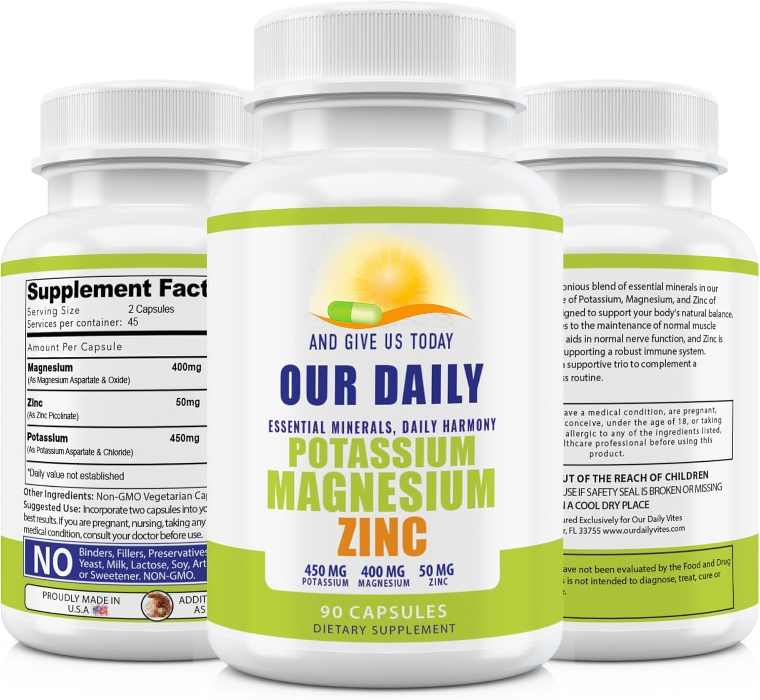 Label view of Magnesium Potassium Zinc supplement bottle