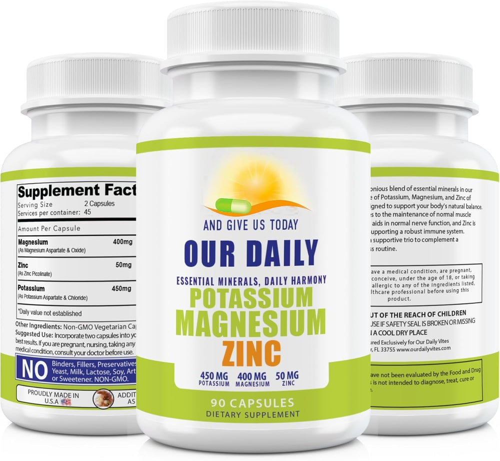 Label view of Magnesium Potassium Zinc supplement bottle