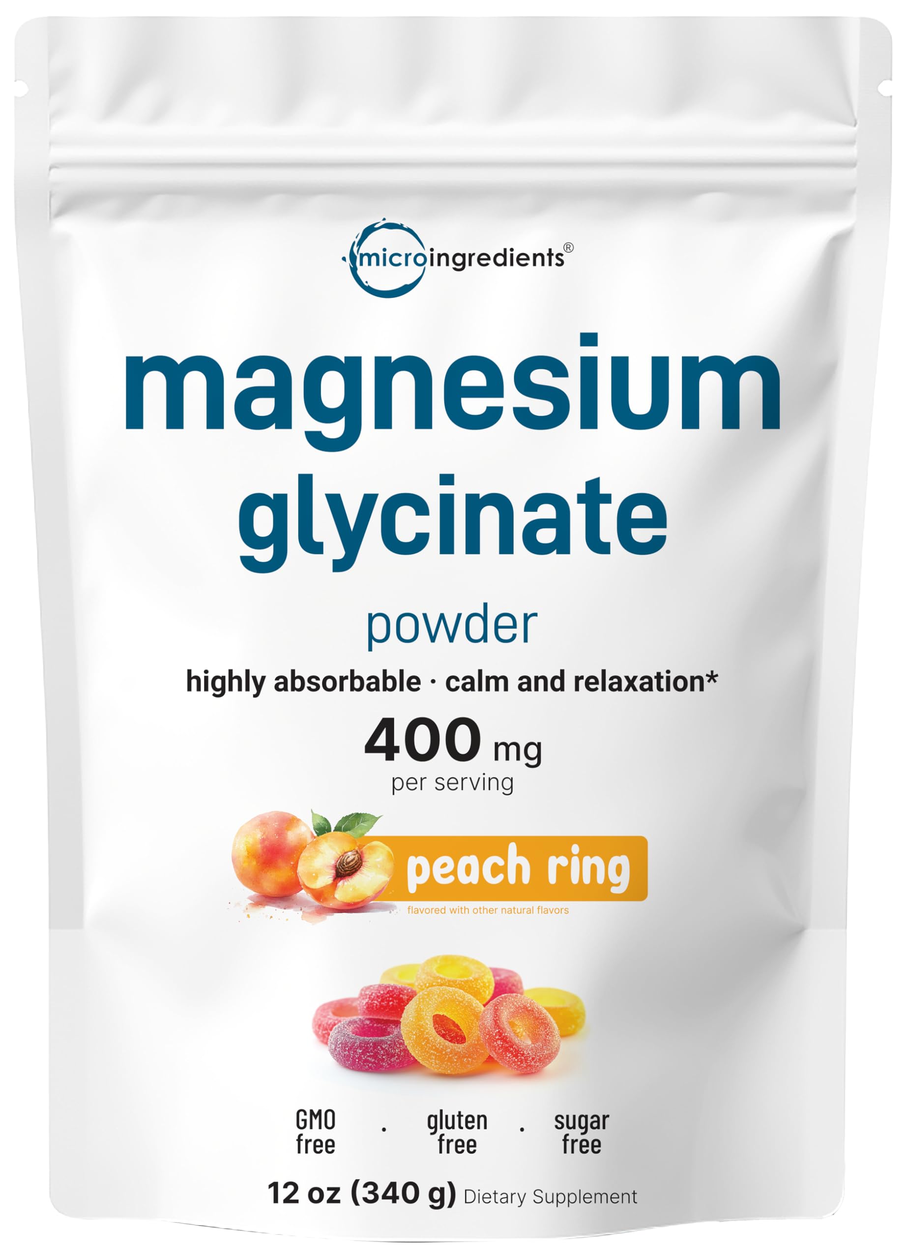 Magnesium Glycinate Powder 12oz Sweet Peach Ring flavor - front packaging