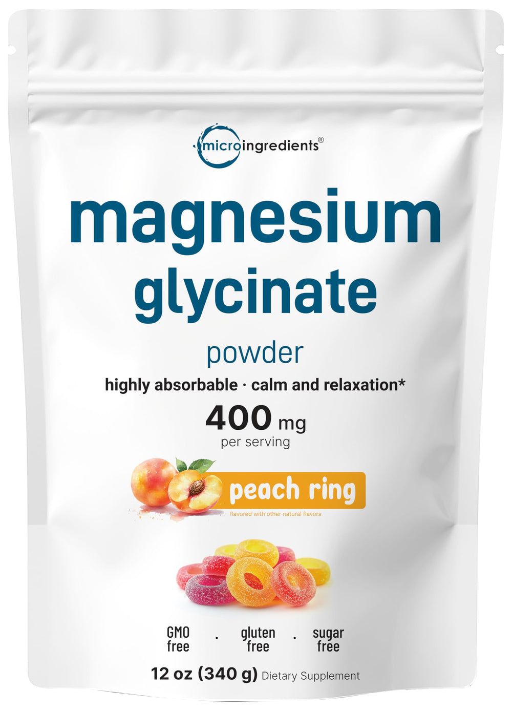 Magnesium Glycinate Powder 12oz Sweet Peach Ring flavor - front packaging