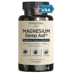 Magnesium Sleep Aid bottle and capsules on white background