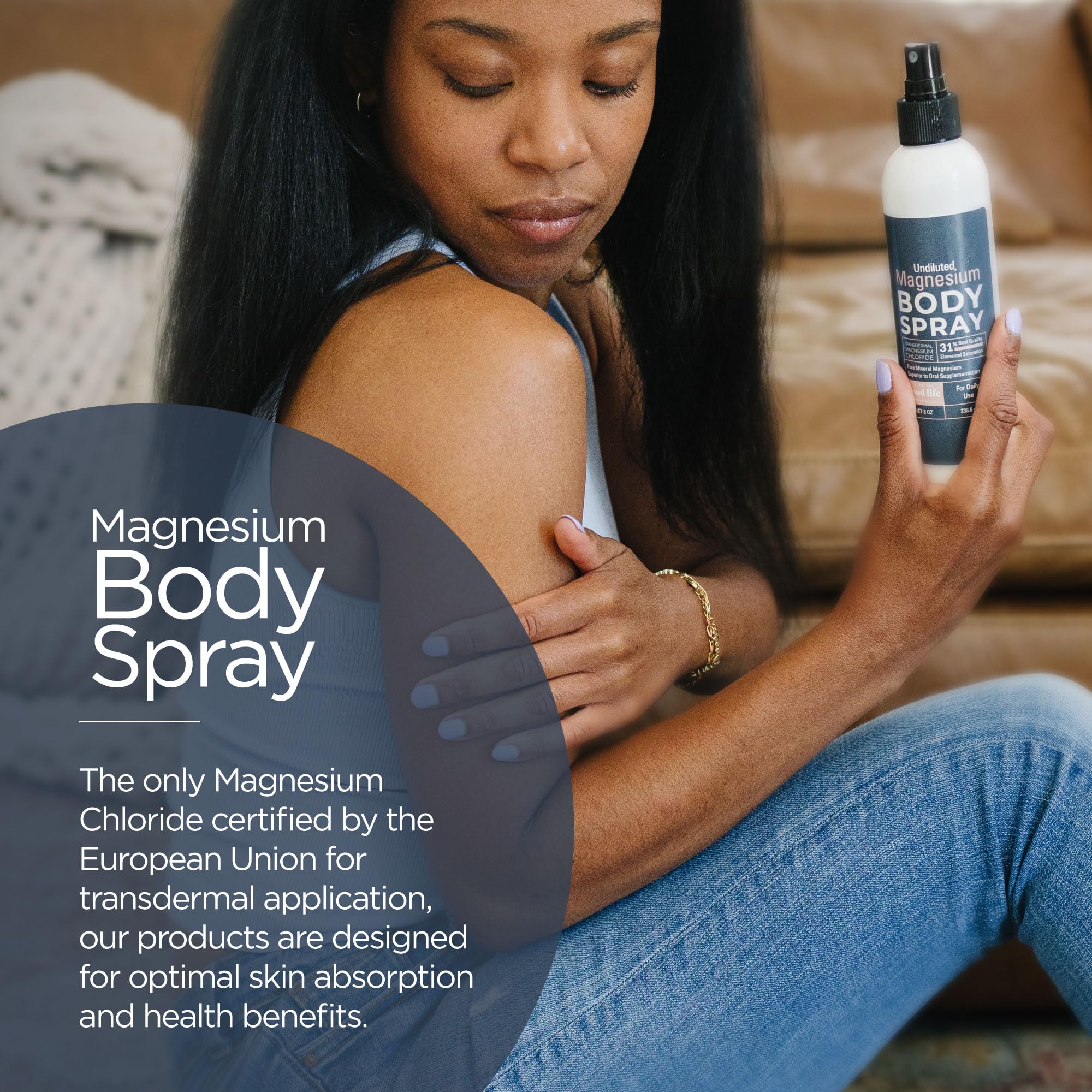 Close-up of applying magnesium spray to feet