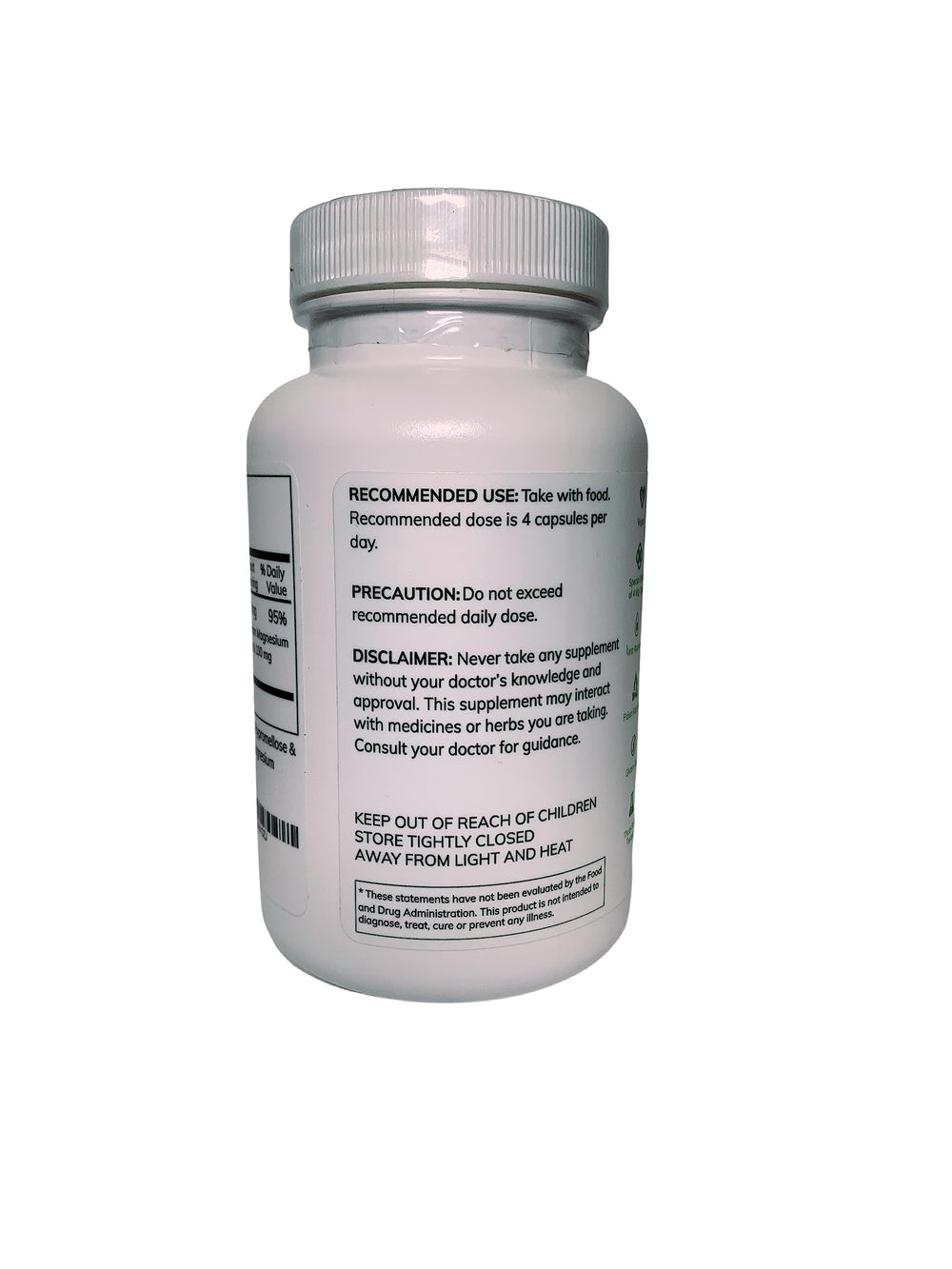 Magnesium supplement bottle with 100 capsules