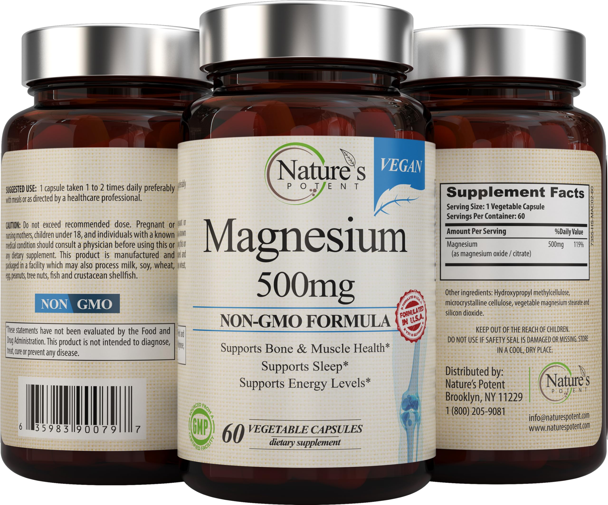 Product packaging showing Nature's Potent Magnesium produced in the USA