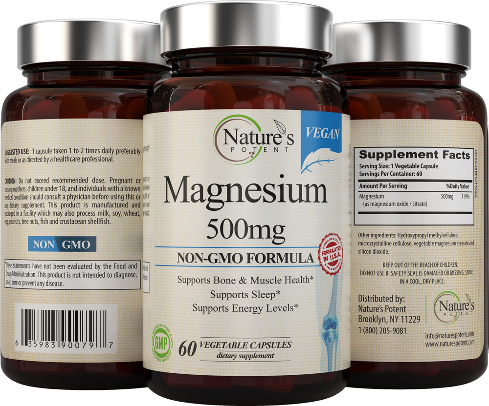 Product packaging showing Nature's Potent Magnesium produced in the USA