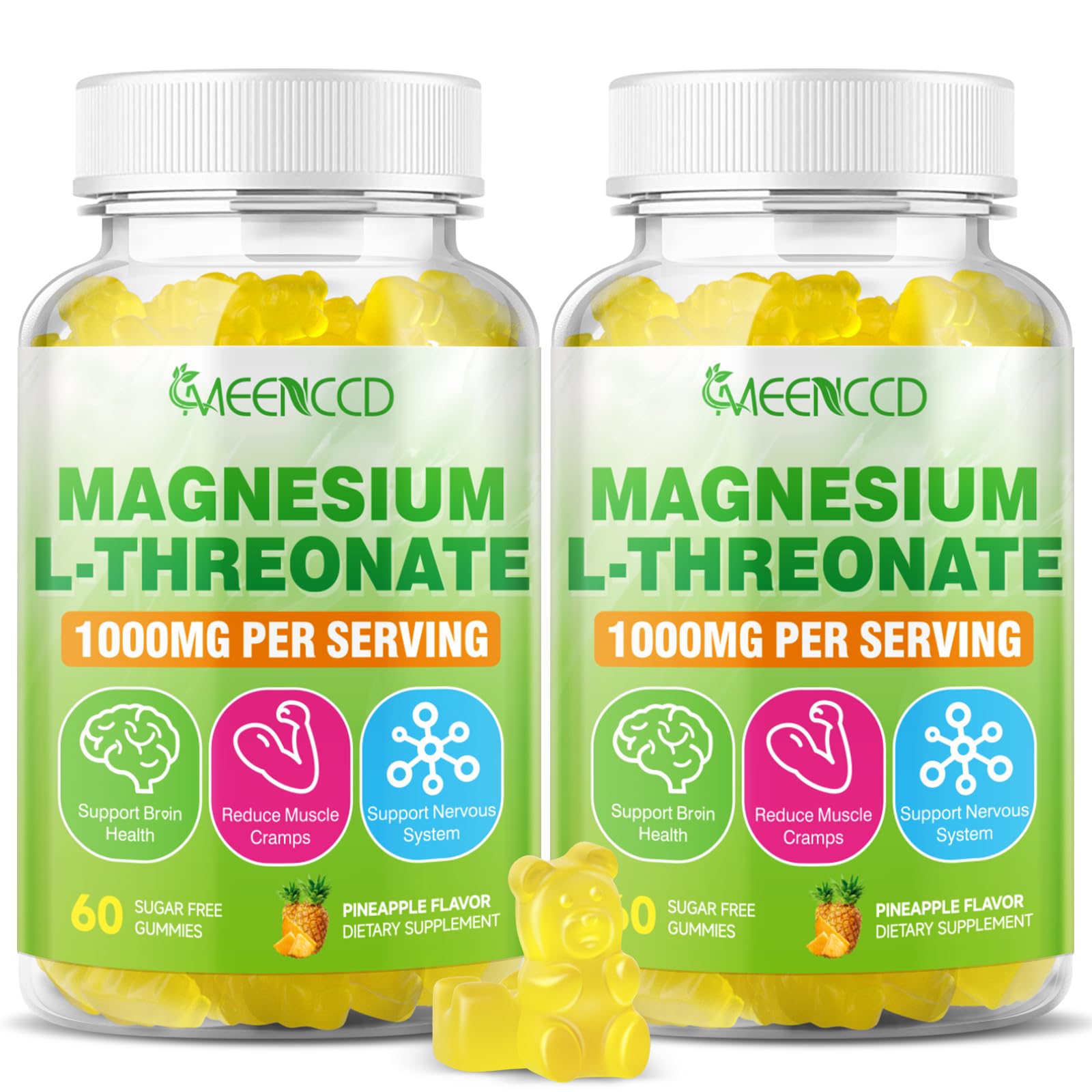 Bottle of Magnesium L-Threonate Gummies with pineapple flavor on a white background
