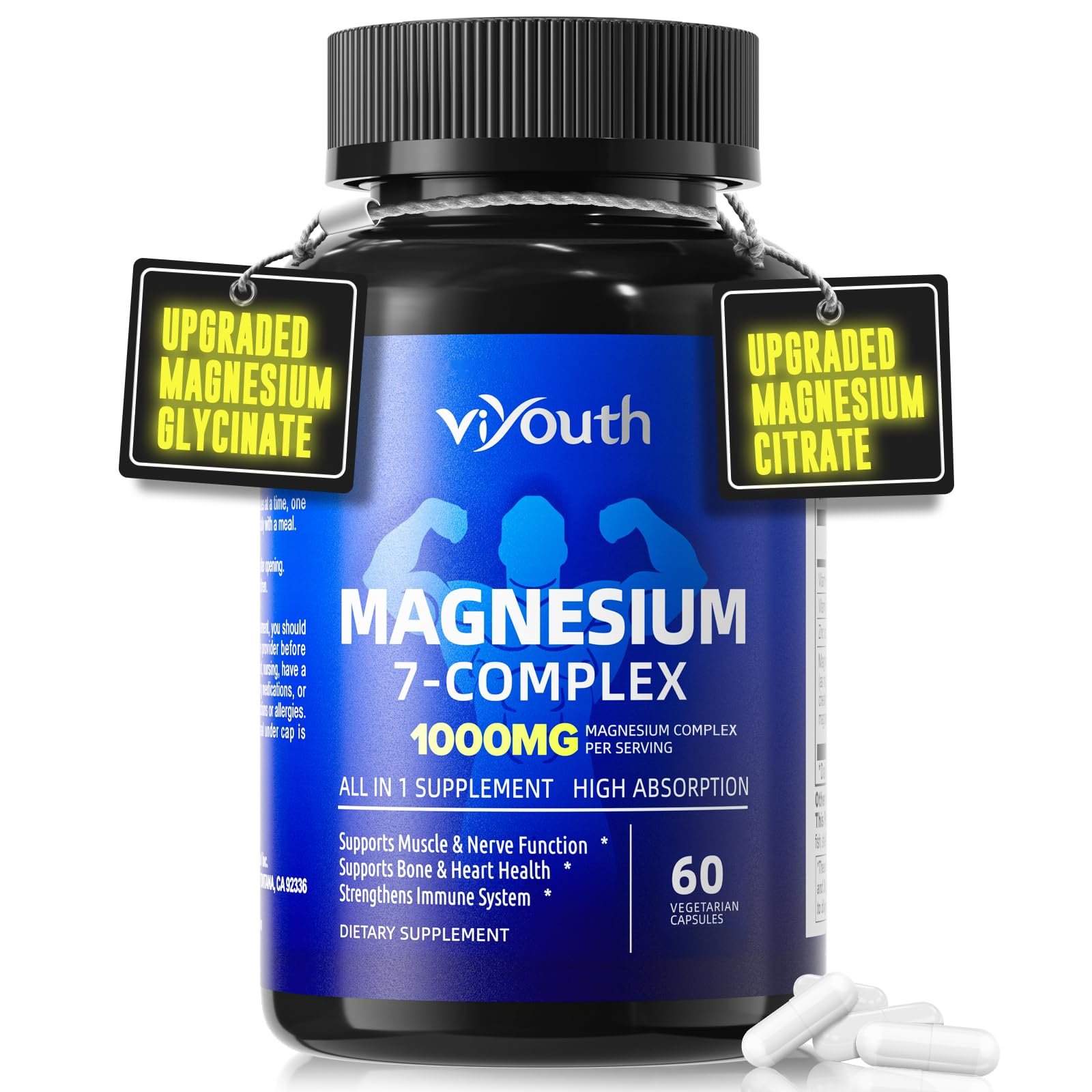 Magnesium 7 Complex bottle with 60 capsules on white background
