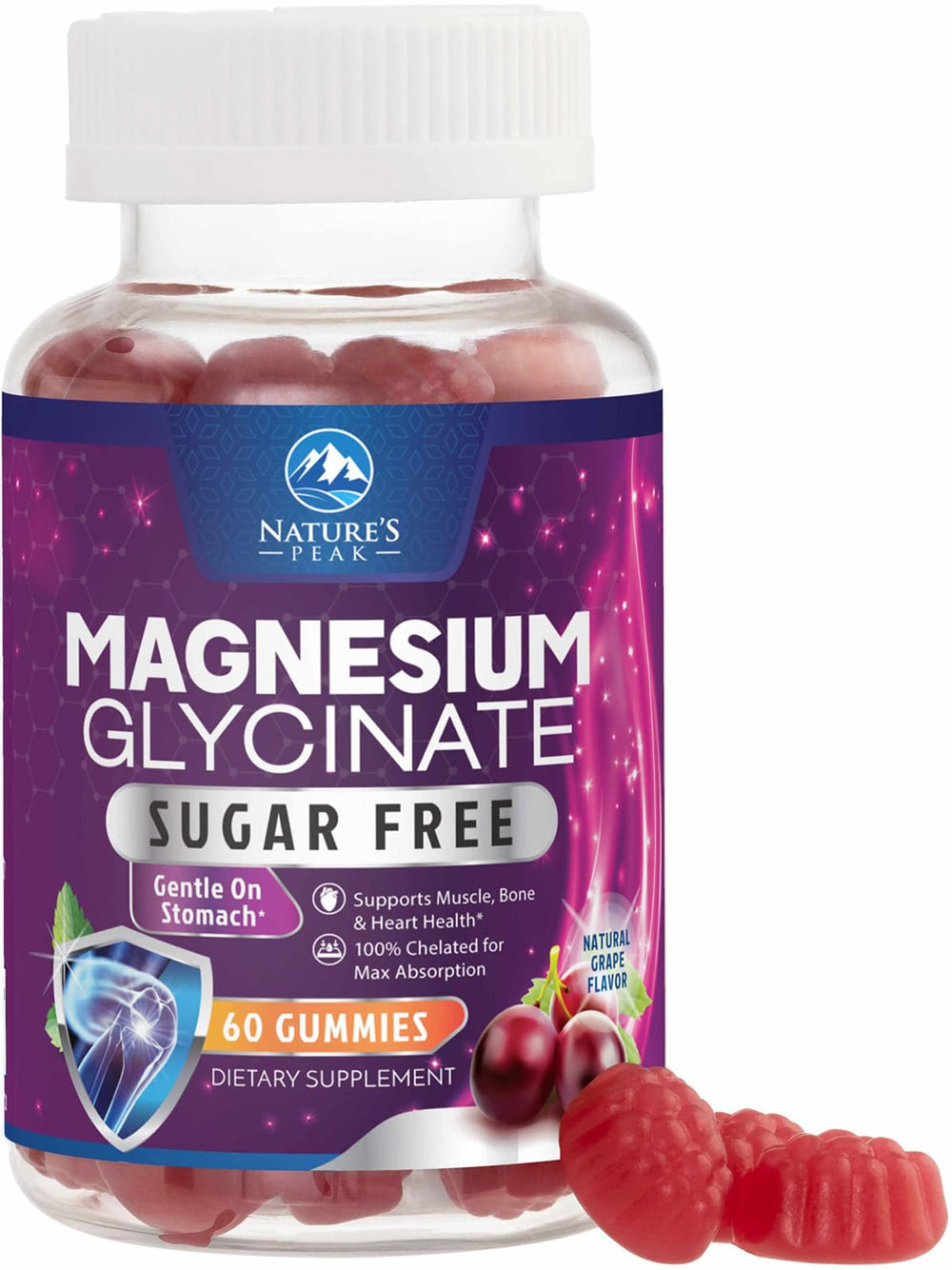 Bottle of Magnesium Glycinate Gummies with grape flavor.