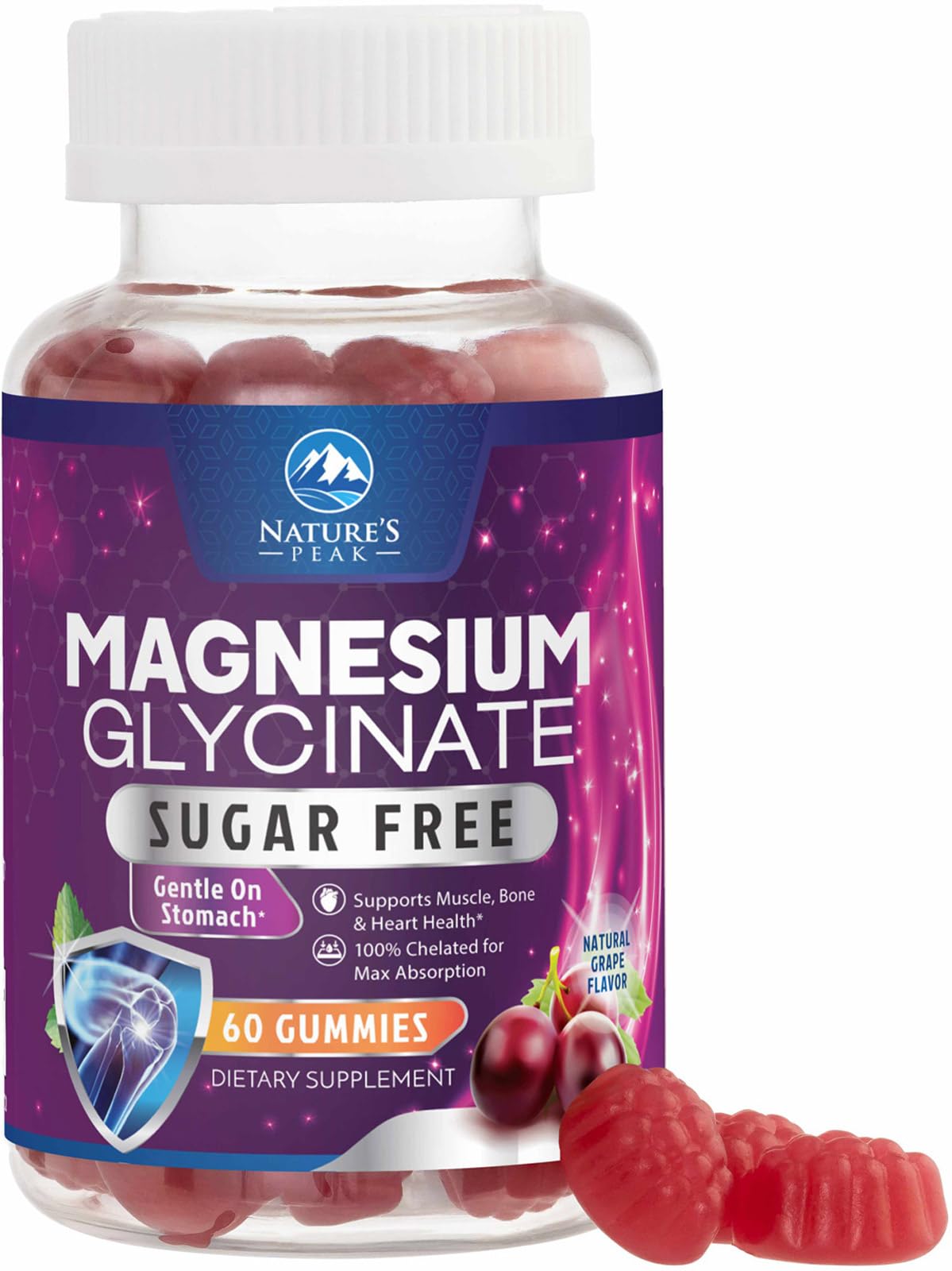 Bottle of Magnesium Glycinate Gummies with grape flavor.