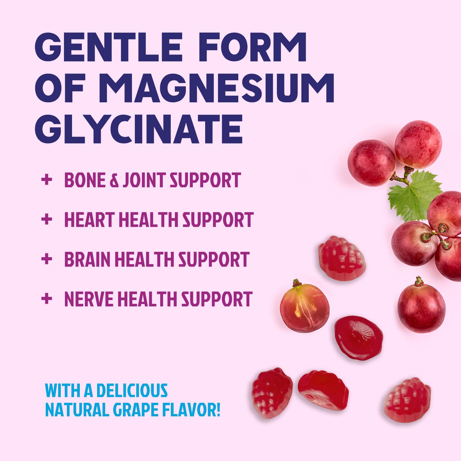 Grapes and gummies illustrating grape flavor.