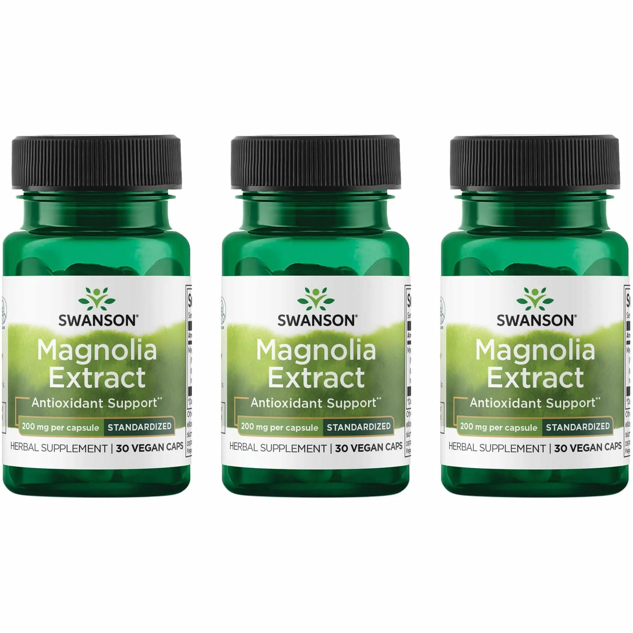 Bottle of Swanson Magnolia Bark supplement, 30 veggie capsules, 200mg per capsule.