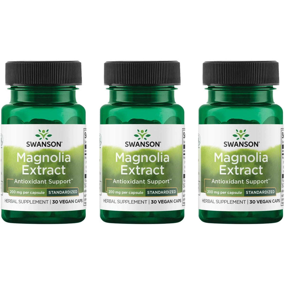 Bottle of Swanson Magnolia Bark supplement, 30 veggie capsules, 200mg per capsule.