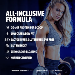 Magnum Quattro tub label close-up highlights four-isolate protein blend for balanced amino acids