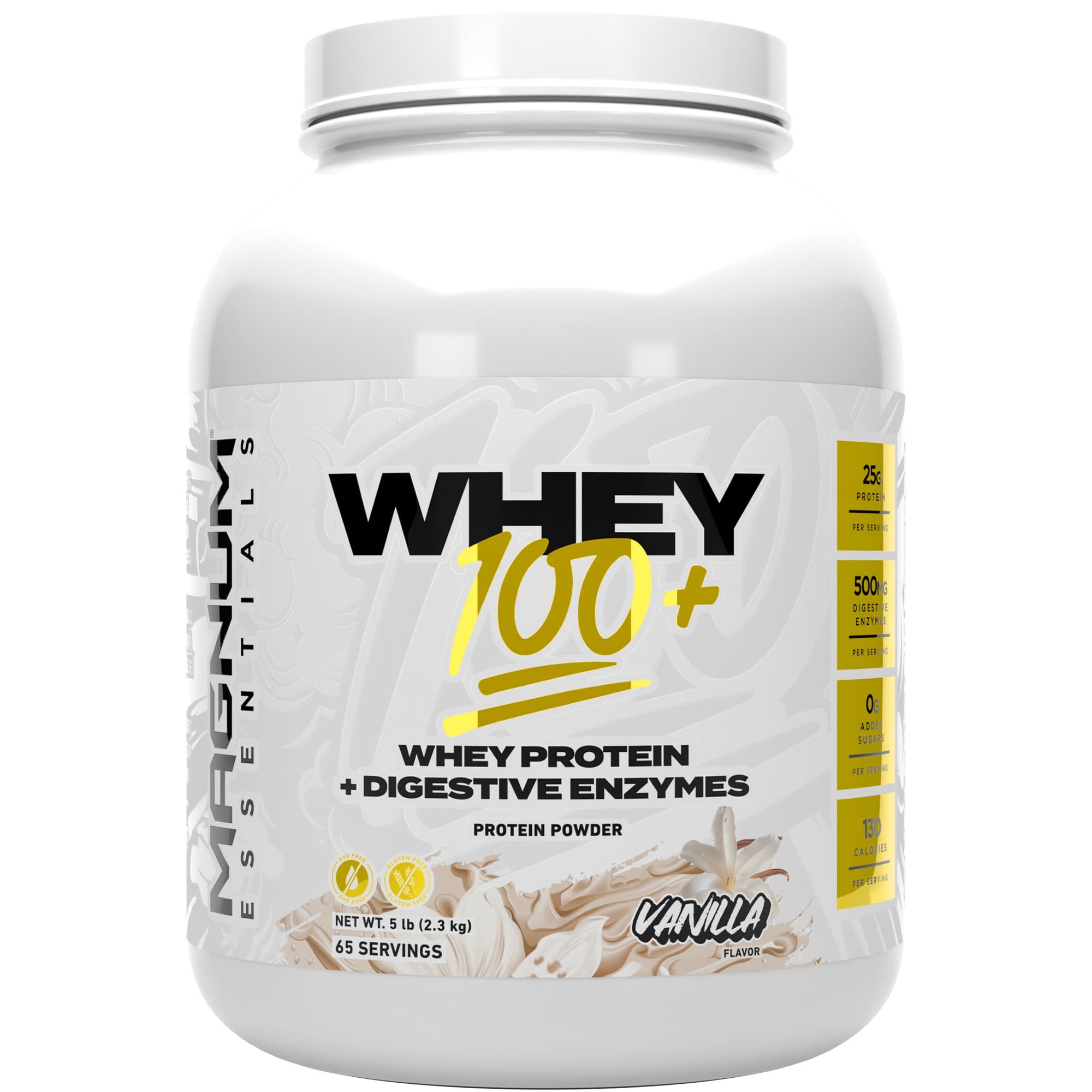 Magnum Whey 100+ vanilla tub front view highlighting protein-rich formula