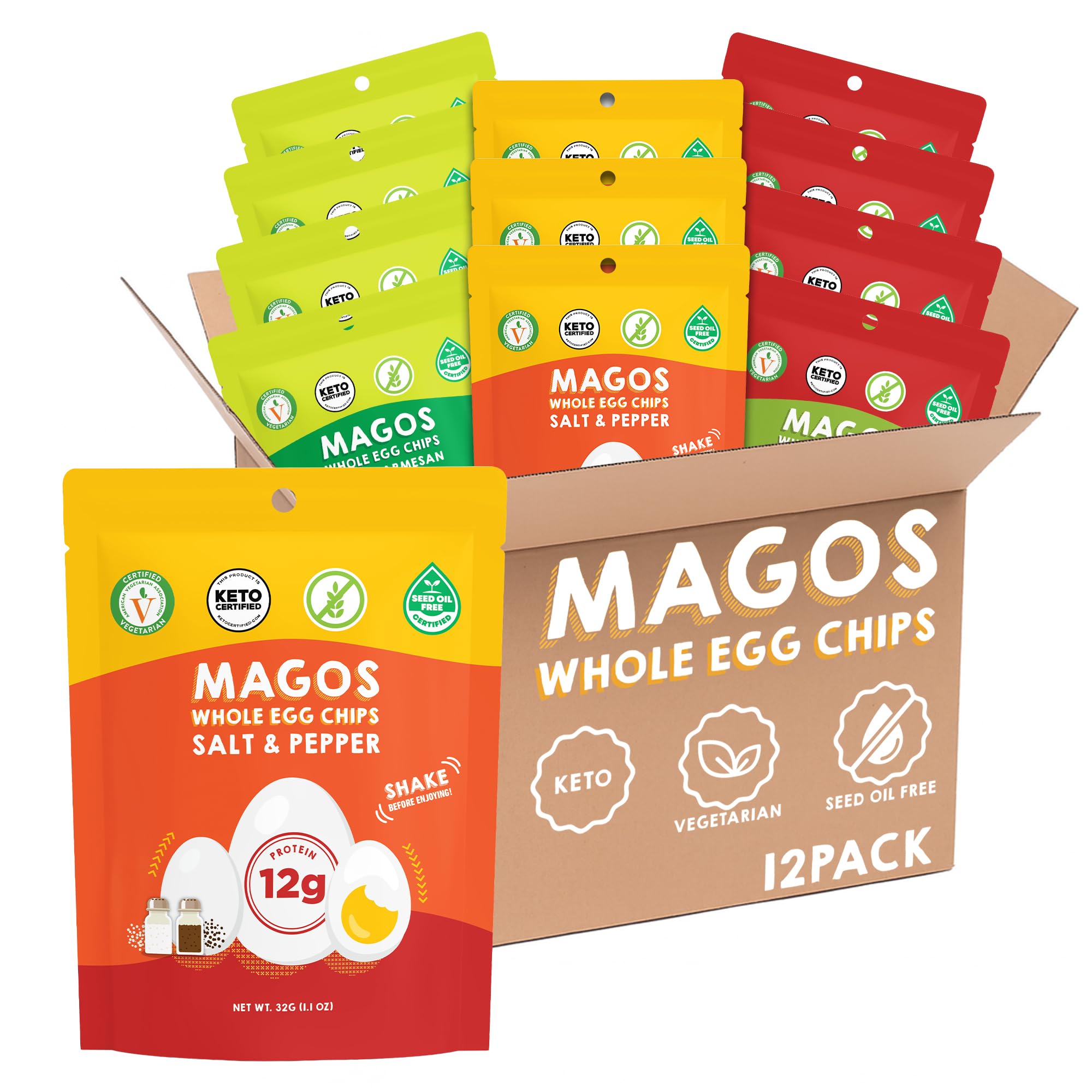 Magos Egg Chips Garlic Parmesan bag with crisp texture for quick high-protein snacking
