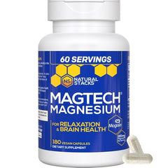 Close-up of MagTech label highlighting 200 mg magnesium per capsule
