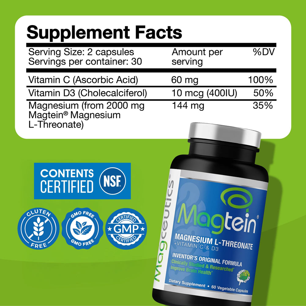 Magtein label emphasizes Vitamin C and D for brain absorption.