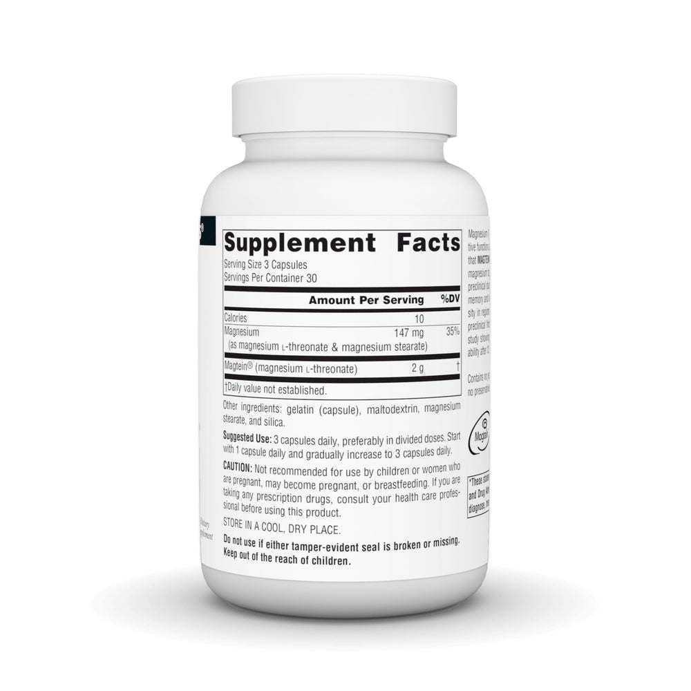 Close-up of Magtein label showing 667 mg per capsule