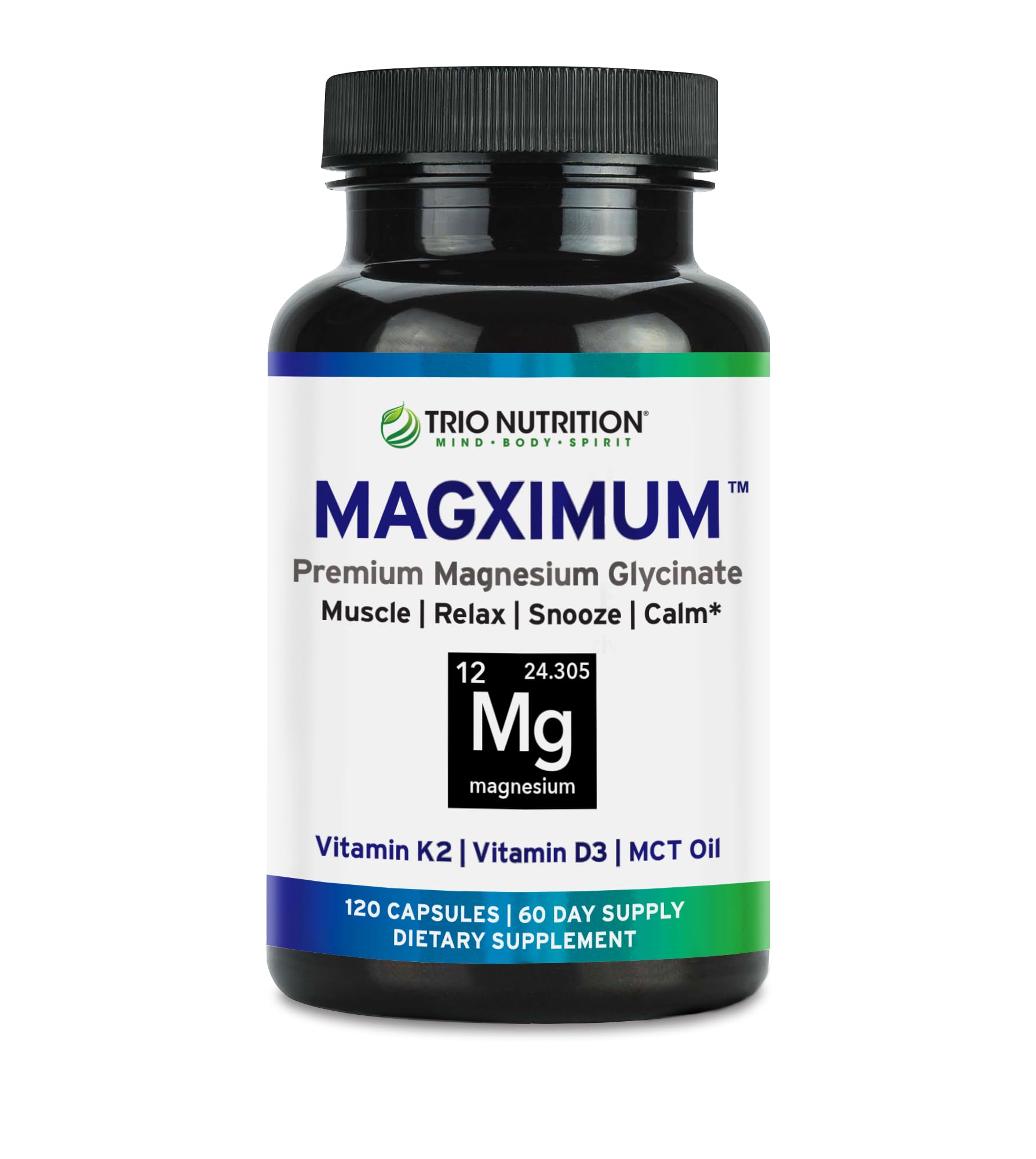 MagXimum bottle with magnesium glycinate, D3, K2 and MCT oil capsules