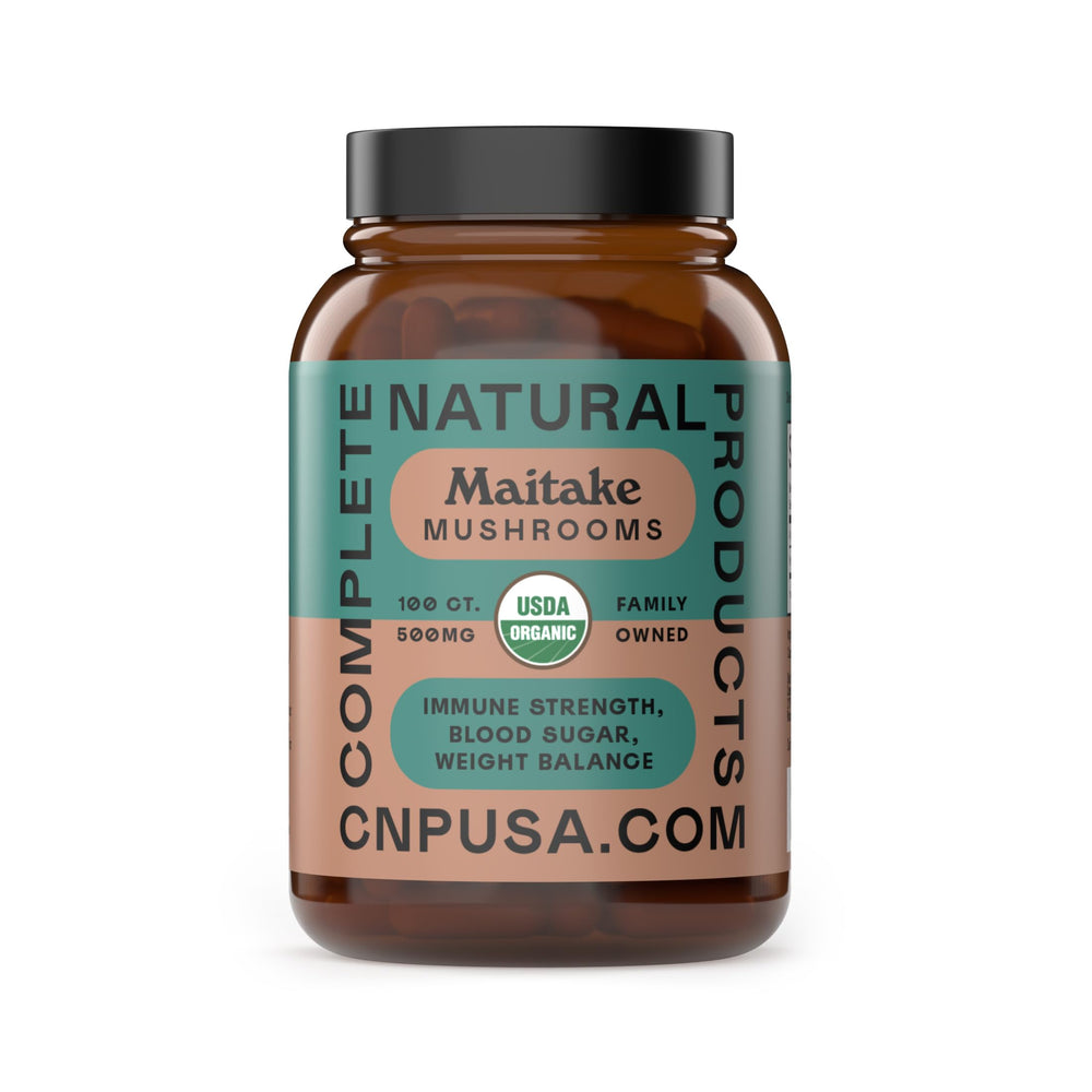 Front view of the Maitake organic mushroom capsules bottle (100 count)