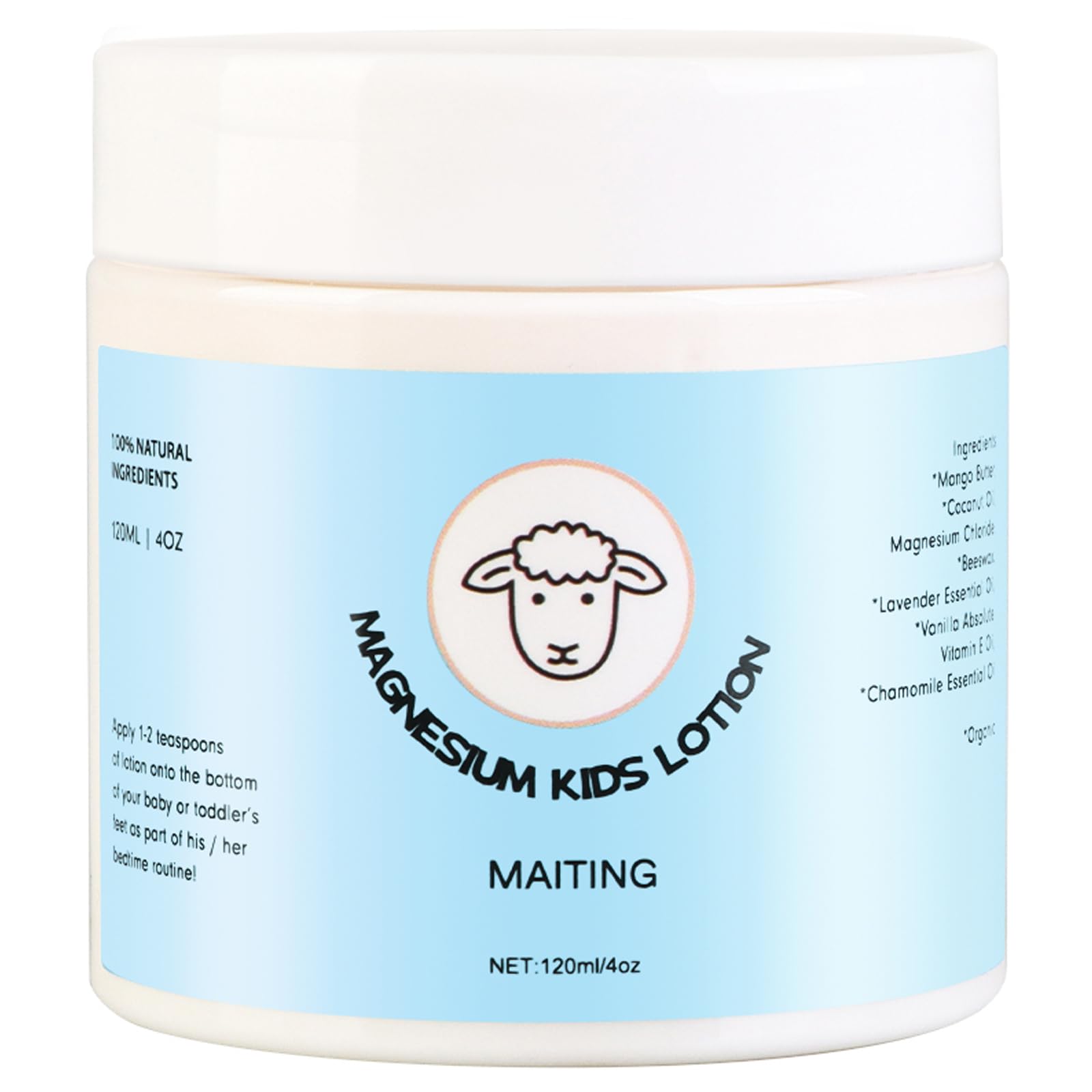 MAITING Magnesium Lotion for Kids 4oz bottle with lavender label