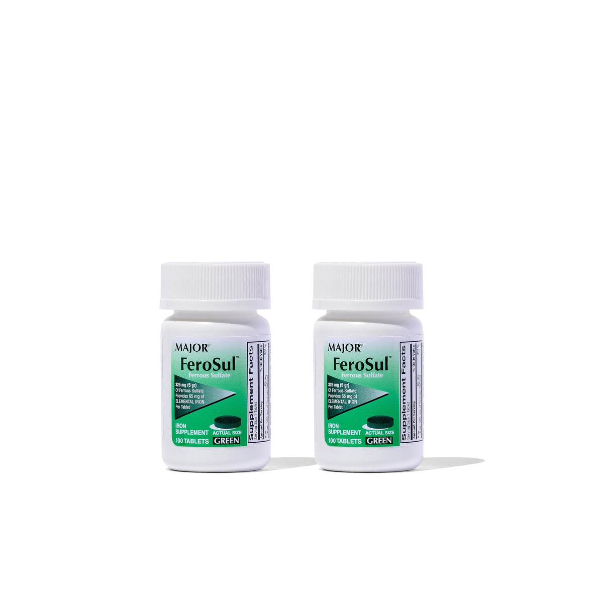 Major Ferosul 325 mg ferrous sulfate green tablet – 100 count, 2 pack front view