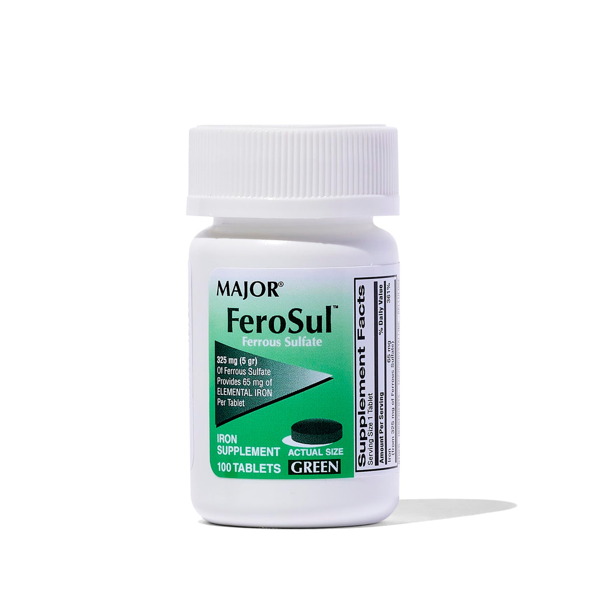 Front view of Major Ferosul 325 mg green ferrous sulfate tablets bottle