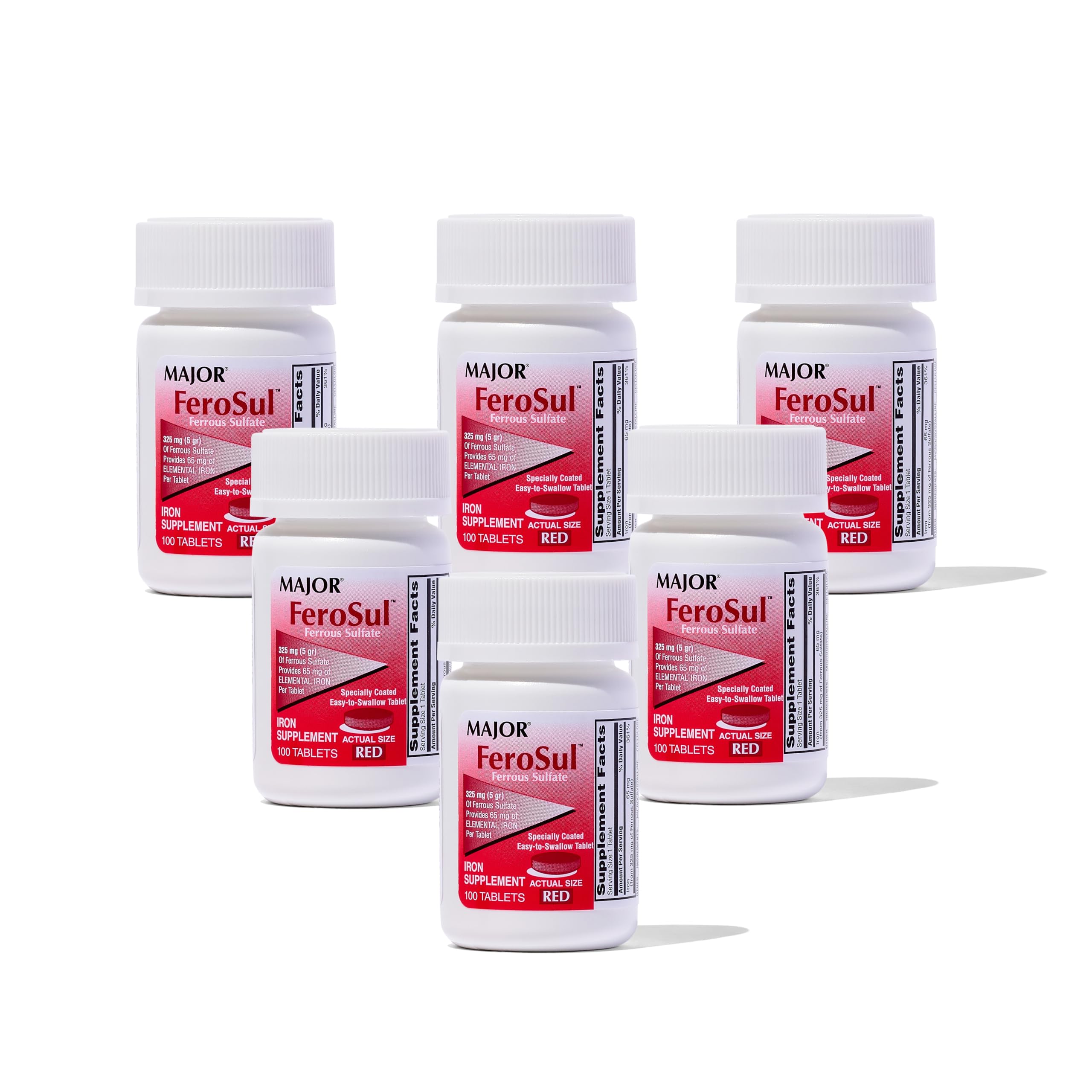 Major Ferosul Ferrous Sulfate 325mg tablets bottle with red label