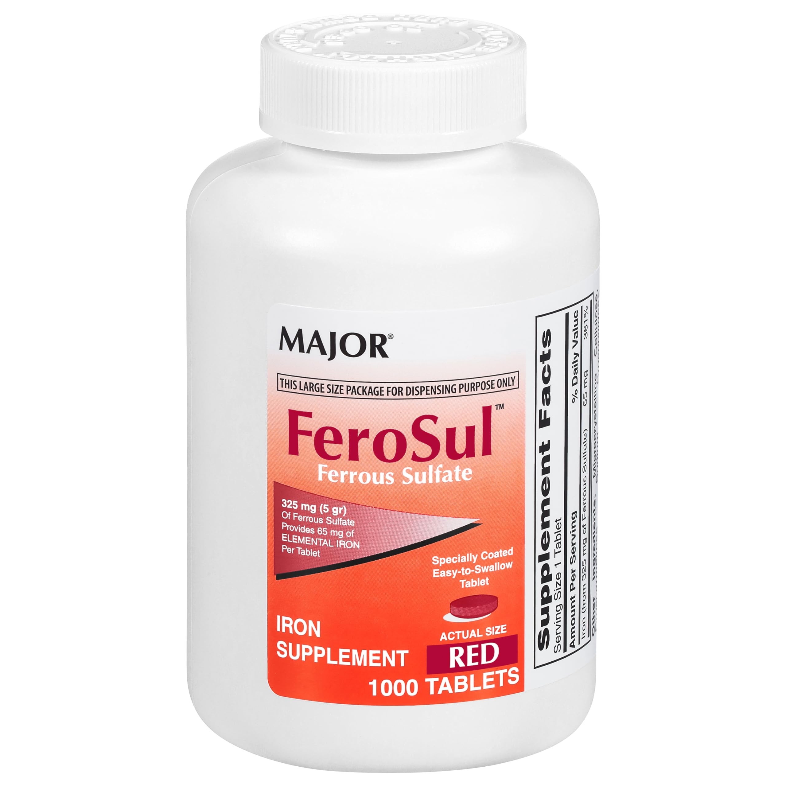 Red bottle of Major FeroSul ferrous sulfate tablets