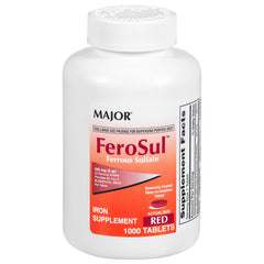 Red bottle of Major FeroSul ferrous sulfate tablets