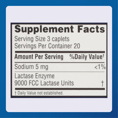 Label highlights lactase enzyme 9000 FCC units and low sodium