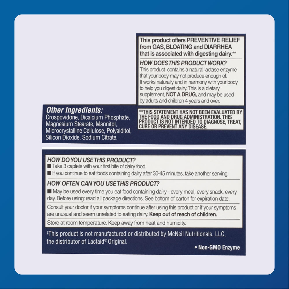 Dairy aid bottle emphasizing low sodium and quality formulation