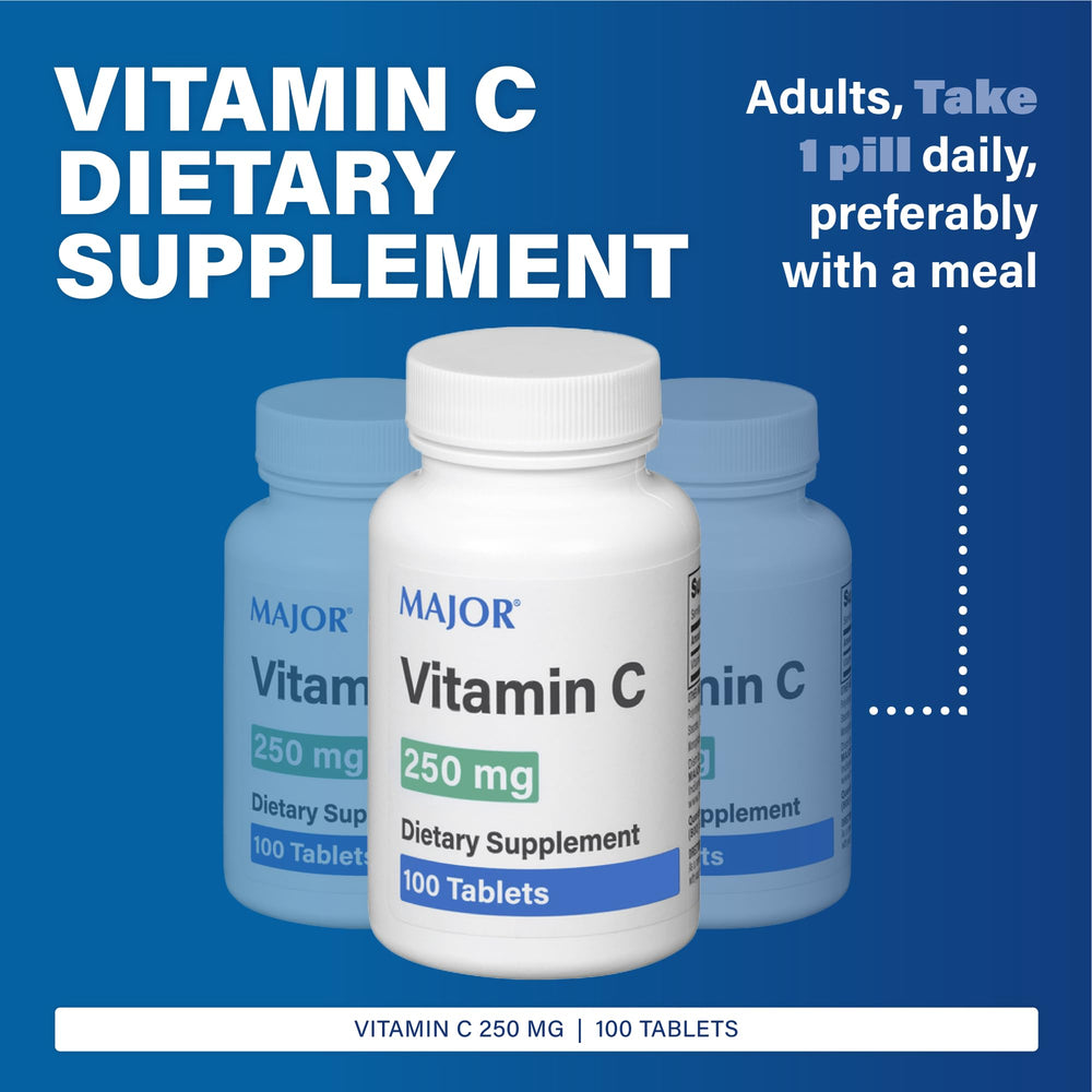 Back view of MAJOR Vitamin C 250 Mg 100 Tablets 1 Pack packaging