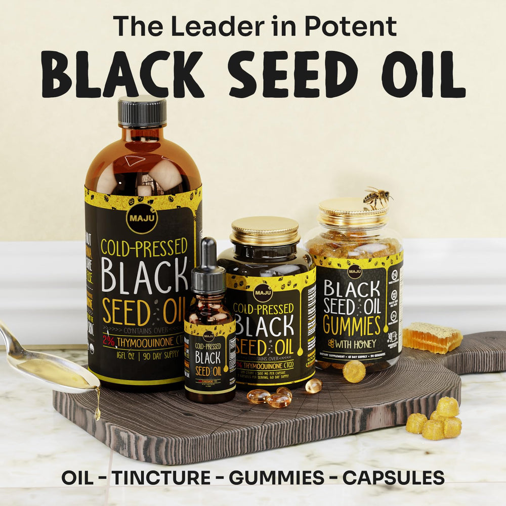 Back label detailing ingredients and dosage for Maju Black Seed Oil Capsules