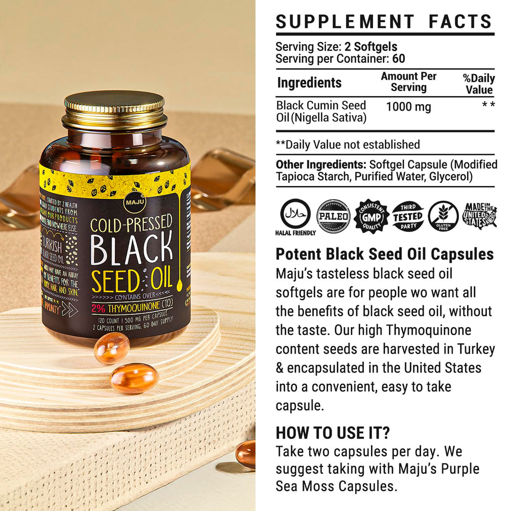 Maju Superfoods 2-pack packaging label for Black Seed Oil Capsules