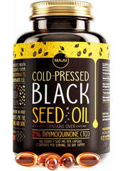 Front view of Maju Black Seed Oil Capsules bottle with 60 capsules