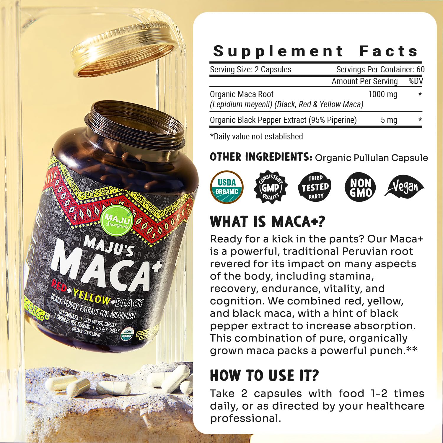 Product packaging process showing USA packaging of maca capsules