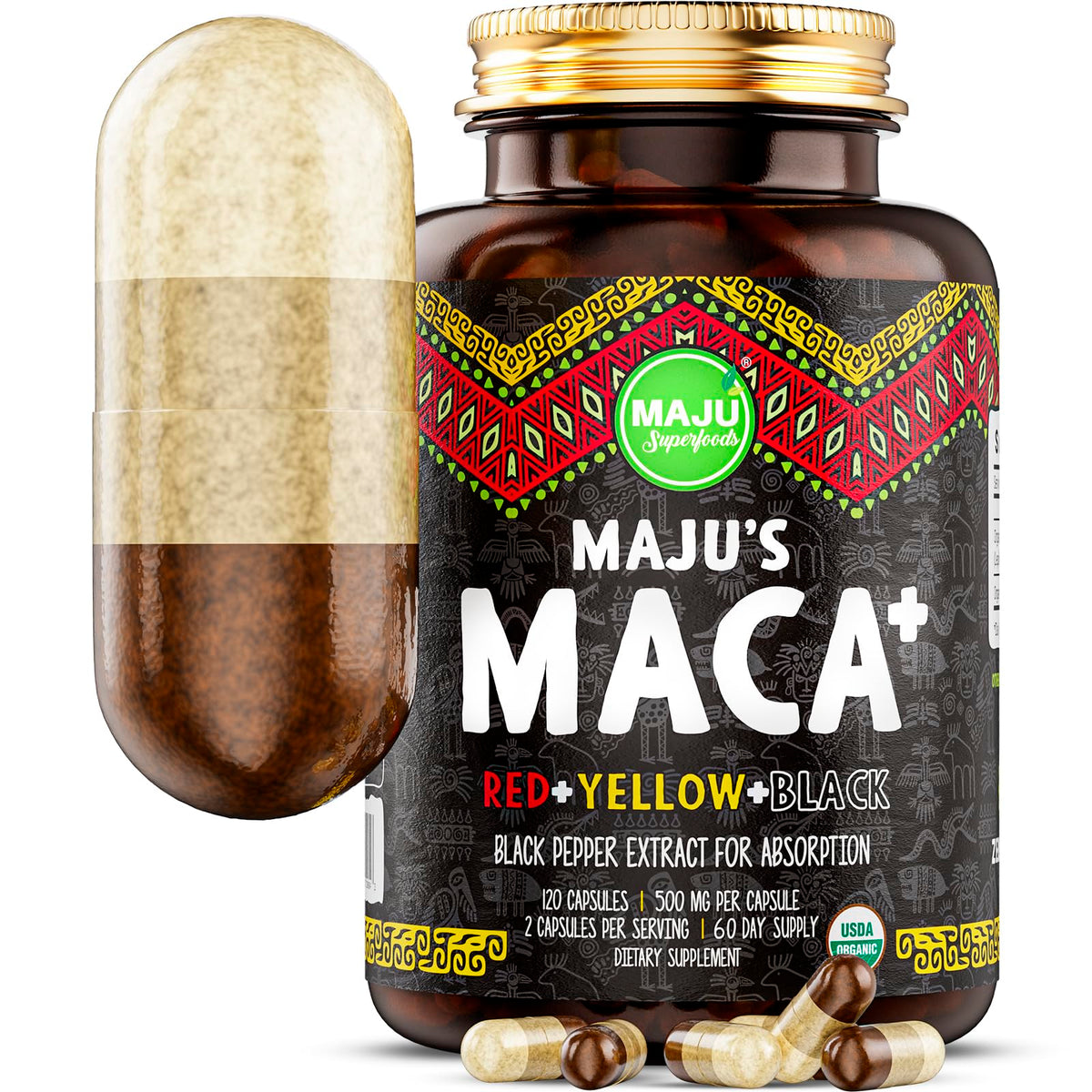 Maju 4-in-1 Maca Root Capsules bottle and Peru origin packaging
