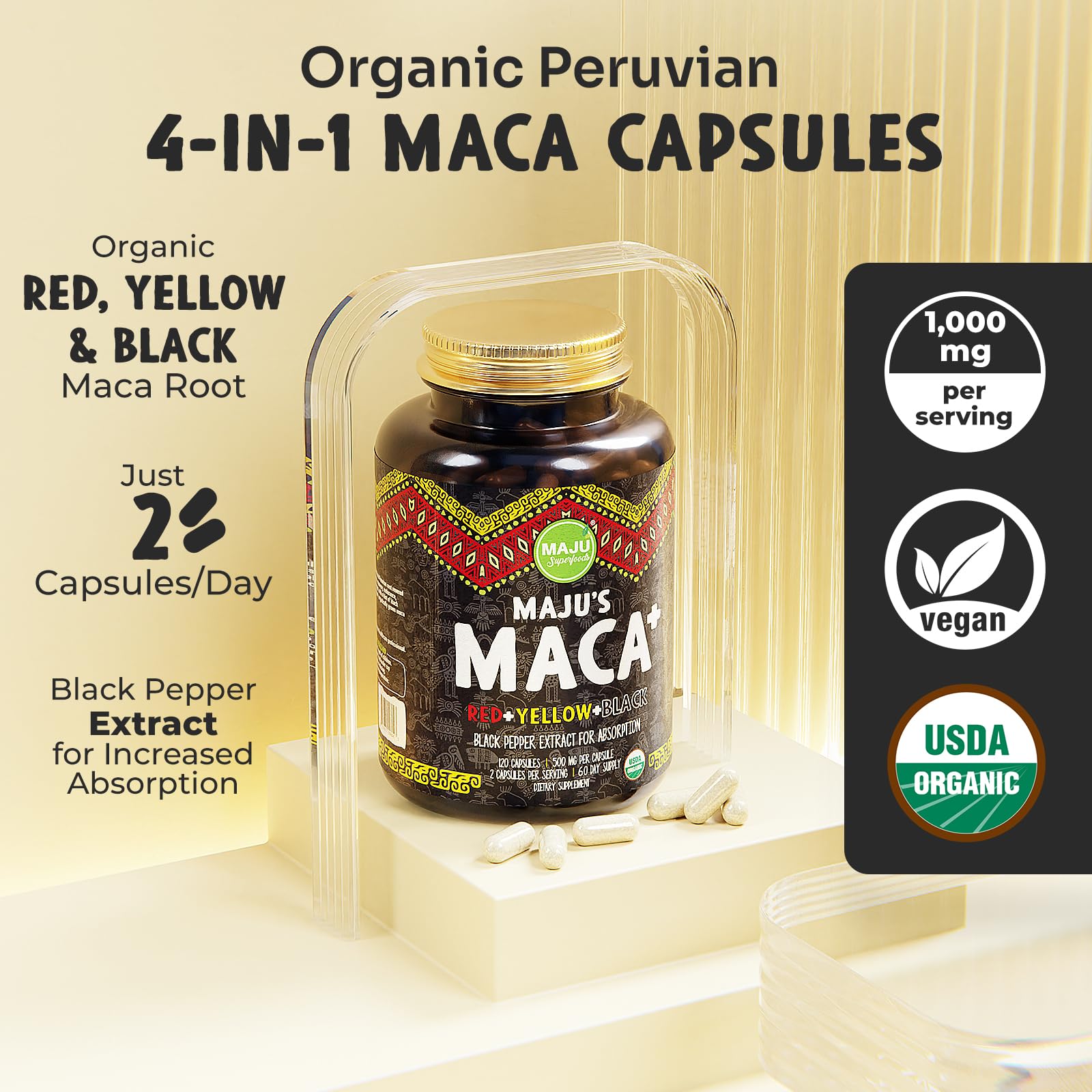 Close-up of organic Peruvian maca roots in red, yellow and black varieties