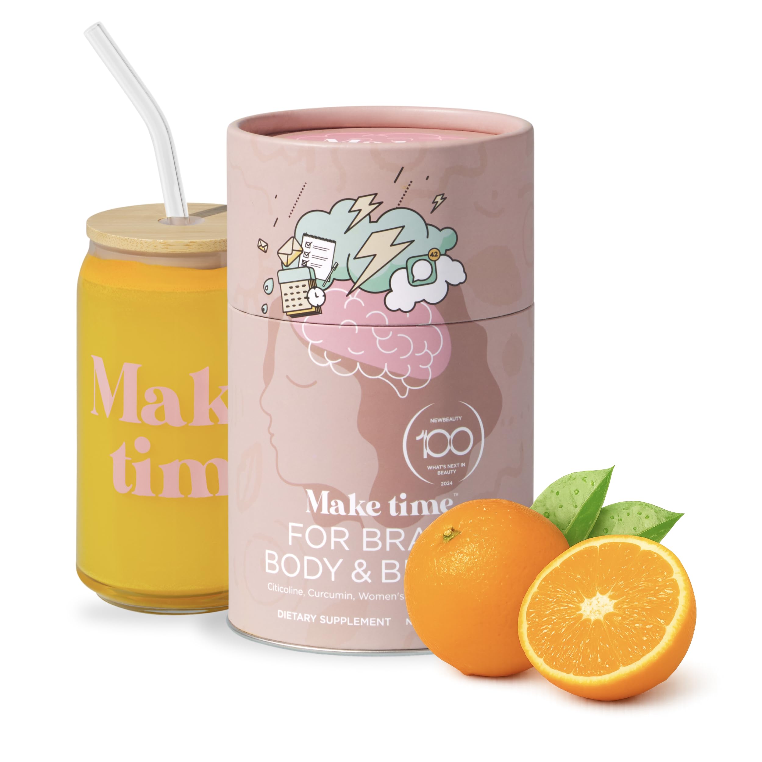 Front view of MAKE TIME Brain Health Powder for Women bottle with scoop on a white background