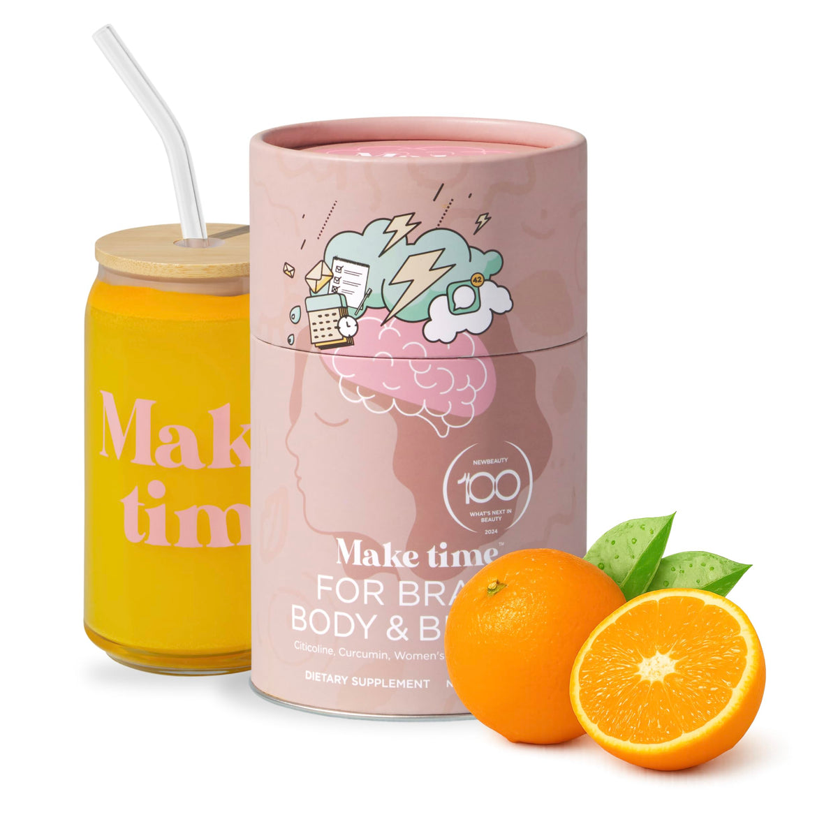 Front view of MAKE TIME Brain Health Powder for Women bottle with scoop on a white background