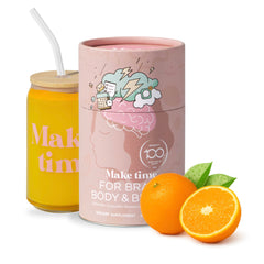 Front view of MAKE TIME Brain Health Powder for Women bottle with scoop on a white background