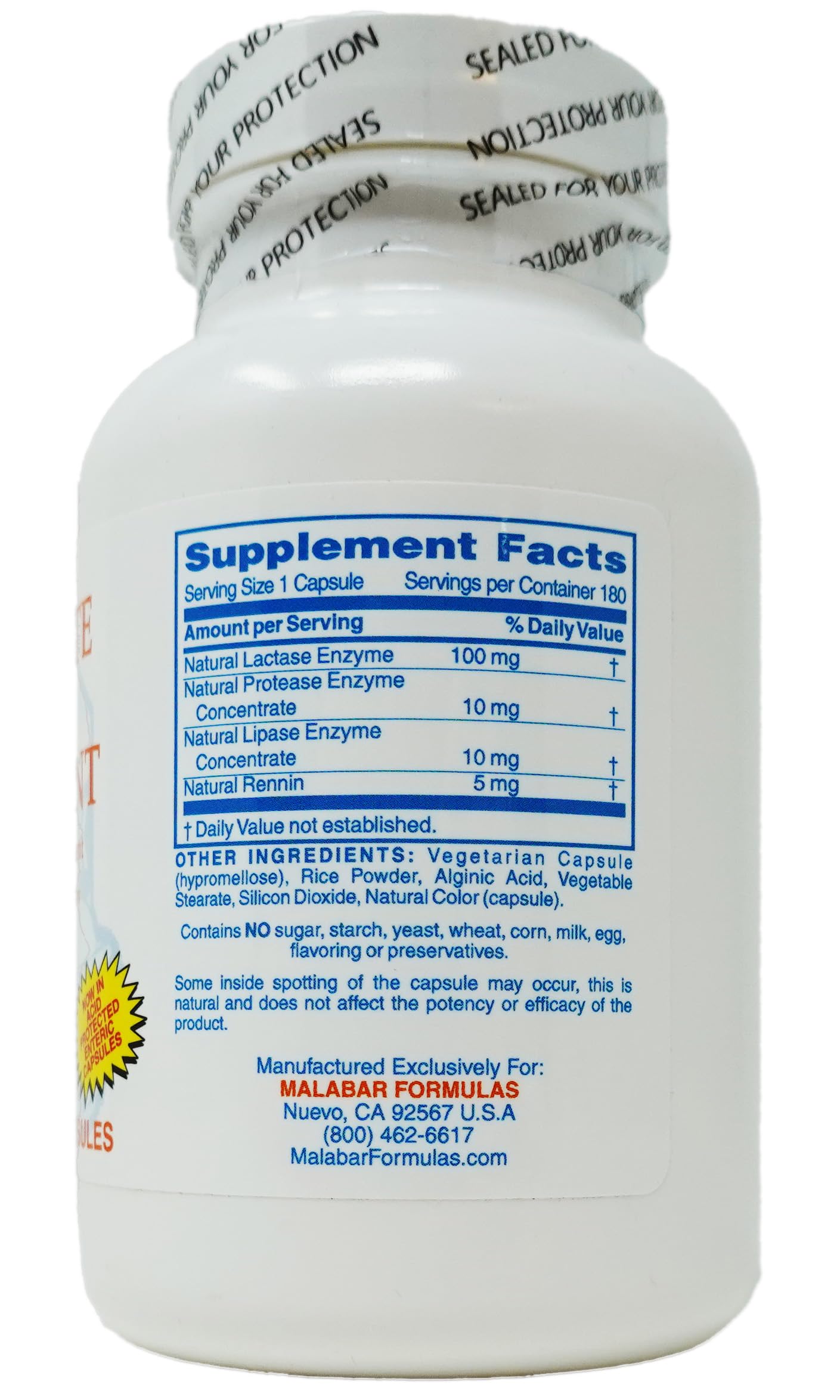 Front view of Malabar Complete Milk Digestant bottle - 180 tablets