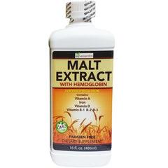 Label showing vitamins A, D, B1, B2, B3 on malt extract bottle