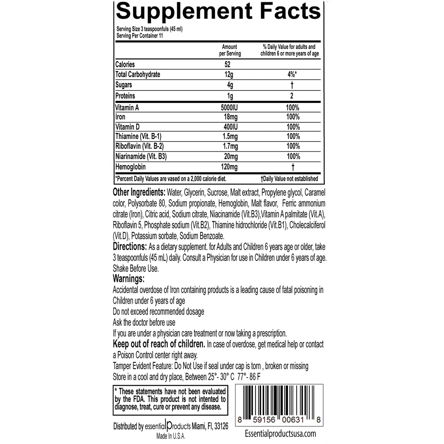 Front view of Malt Extract with Hemoglobin Fortified with Iron bottle (16 oz)